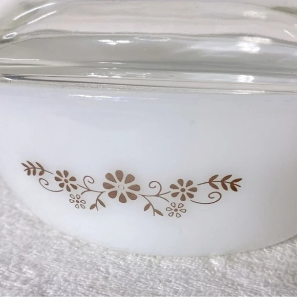 Vintage Dynaware Pyr O Rey Round Casserole With Lid Brown Floral Milk Glass - Picture 15 of 15